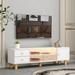 White Wood Accent Buffet Sideboard Serving TV Storage Cabinet with LED Remote Control Light, TV Console Table with Metal Handle