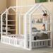 Twin/Full Size Wood House Bed with Fence & Detachable Storage Shelves, Twin/Full House Shaped Floor Bed Montessori Bed for Kids