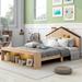 Full Size Wood Platform Bed with Headboard and Storage Footboard, House-Shaped Headboard with LED Lights, Bed with Wood Slats