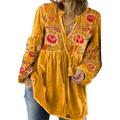 SHINROAD Womem Shirt Bohemian Style Top Women's V-neck Retro Flower Print Long Sleeve Loose Fit Drawstring Pullover Pleated Mid Length Patchwork Design Soft Yellow XL
