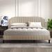 Beige Camelback Upholstered Platform Bed: Kiln-Dried Hardwood Frame, Nailhead Trim