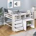 Full Loft Bed with Rolling Portable Desk, Drawers & Shelves, Wooden Low Loft Bedframe w/Storage for Kids Teens Boys Girls, White