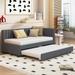 Semi-closed Design Upholstered Twin Size Daybed with Twin Size Trundle, No Box Spring Needed Linen Fabric Sofa Bed Frame