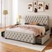 Beige Queen Size Modern Linen Upholstered Platform Bed, 4 Large Storage Drawers, Button Tufted Headboard
