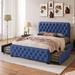 Blue Full Size Modern Linen Upholstered Platform Bed Frame: 4 Large Storage Drawers, Button Tufted Headboard