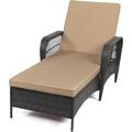 LEVELEVE Outdoor Patio Lounge Chairs PE Rattan Chaise Lounge with w/6 Positions Adjustable Backrest Armrests Padded Cushions for Poolside Balcony Garden Deck (A-Khaki 1 Single Lounge)