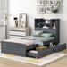 Twin Bed Storage Frame with LED Bookcase Headboard, Wooden Platform Bed with 4 Open Shelves and 2 Storage Drawers