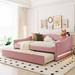 Teddy Fleece Full Size Upholstered Daybed with Trundle, Solid Wood Bedframe w/Sofabed Design & Light, No Box Spring Needed, Pink