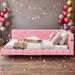 Full Size Upholstered Platform Bed with USB Ports Design and LED Belt, Pink