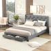 Linen Upholstered Queen Size Storage Platform Bed with 2 Drawers and Nailhead Trim Button Headboard, Easy Assembly