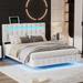 White Full Led Pu Leather Floating Platform Bed: Usb Charging, Remote Led