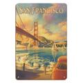 San Francisco California - Golden Gate Bridge - Marin Headlands - Vintage Travel Poster by Kerne Erickson - 8 x 12 inch Vintage Wood Art Sign