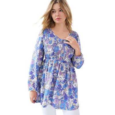 Plus Size Women's V-Neck Tunic with Smocked Bodice by ellos in Pale Periwinkle Floral (Size 22/24)