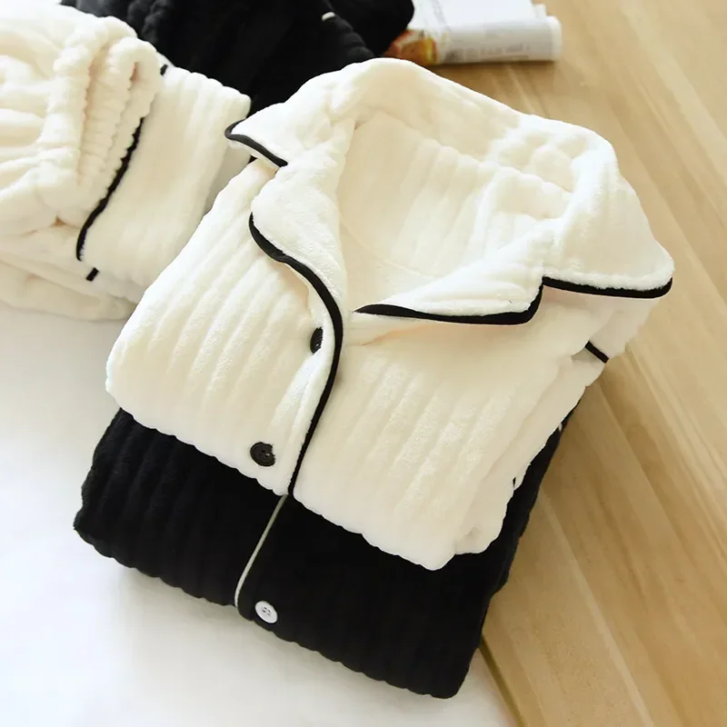 Pyjama chaud en molleton de corail pour femme et homme, vêtement de nuit épais en flanelle, manches longues, revers, Service à domicile, automne et hiver