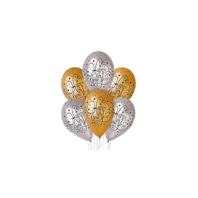 6 Luftballons Silvester Happy Year gold silber