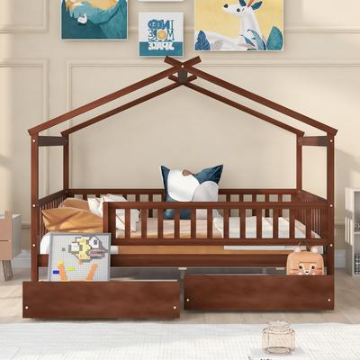 Twin/Full House Bed with 2 Storage Drawers, Kids Twin/Full Bed Frame with Rails and Roof, Tent Bed, Wooden Daybed Montessori Bed