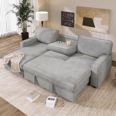 Upholstery Sleeper Sectional Sofa w/Storage, USB Port & 2 Cup Holders