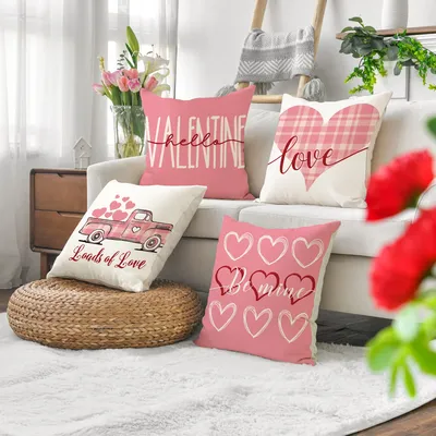 Valentinstag-Kissenbezug, 45 x 45 cm, Leinen-Kissenbezug, rosa, rotes Herz, Liebesgeschenk, Image