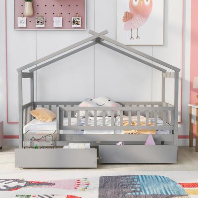 Twin/Full House Bed with 2 Storage Drawers, Kids Twin/Full Bed Frame with Rails and Roof, Tent Bed, Wooden Daybed Montessori Bed