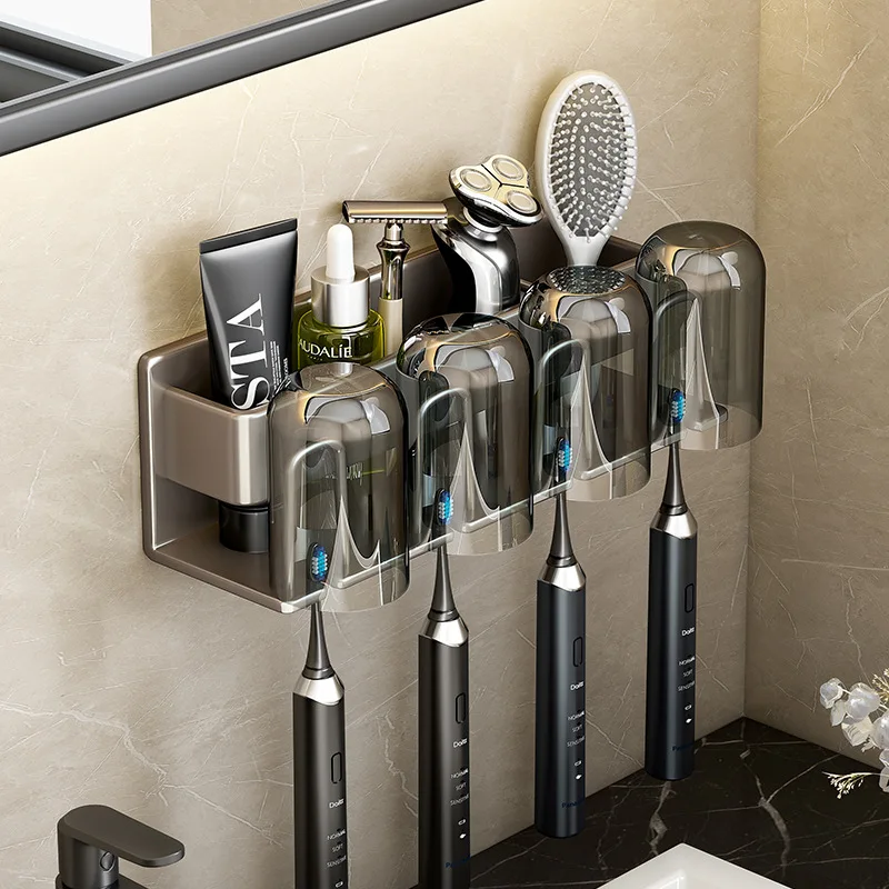 Wand Montiert Zahnbürste Halter Aluminium Legierung Zahnpasta Rack Badezimmer Haushalt Platzsparend Kein Stanzen Bad Zubehör