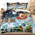 Christmas Duvet Cover Set Santa Easy Care Christmas Bedding with Reindeer White Snowman Green Christmas Tree Blue Quilt Bedding Set include 1 Duvet Cover 2 Pillow Cases Double Size