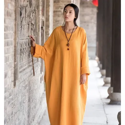 Leinen kleid große Größe Fledermaus Baumwolle Frauen langes Kleid übergroße Zen-Stil feste Robe ete