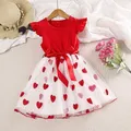 3-7y Kinder kleider Mädchen rot weiß Patchwork Herz druck Tüll Kleid für Mädchen mit Gürtel Sommer