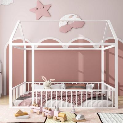 Metal Bed House Bed Frame Floor Bed with Fence for Kids