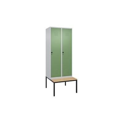 C+P Spind Classic PLUS, Buche untergebaute Sitzbank 2 Abteile, HxBxT 212x80x82cm, Sicherheitsdrehriegel, Hellgrau/Resedagrün von PROREGAL Image
