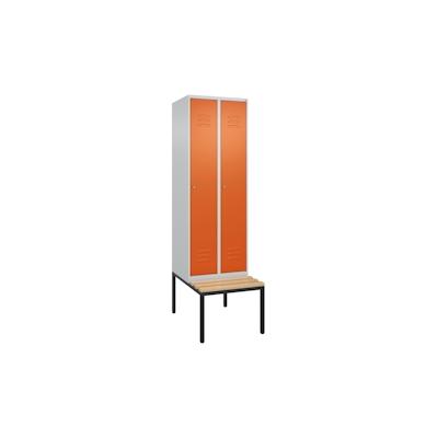 C+P Spind Classic PLUS, Buche untergebaute Sitzbank 2 Abteile, HxBxT 212x60x82cm, Zylinderschloss, Hellgrau/Reinorange von PROREGAL Image