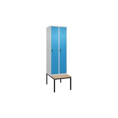 C+P Spind Classic PLUS, Buche untergebaute Sitzbank 2 Abteile, HxBxT 212x60x82cm, Sicherheitsdrehriegel, Hellgrau/Lichtblau von PROREGAL Image