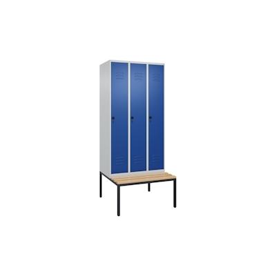 C+P Spind Classic PLUS, Buche untergebaute Sitzbank 3 Abteile, HxBxT 212x90x82cm, Sicherheitsdrehriegel, Hellgrau/Enzianblau von PROREGAL Image