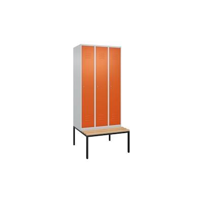 C+P Spind Classic PLUS, Buche untergebaute Sitzbank 3 Abteile, HxBxT 212x90x82cm, Zylinderschloss, Hellgrau/Reinorange von PROREGAL Image
