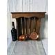 French, Unused, Copper and Brass Utensils and Wooden Holder.
