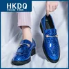Hkdq Mode blau elegante Mann Kleid Schuhe Original Glitter Lack leder Schuhe Männer Slip-On Mokassins Luxus Herren Social Schuh