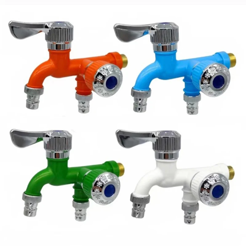 Dual Control Doppel Outlet Wasserhahn 1/2 "Universal Interface Kunststoff Wasserhahn Hause Badezimmer Schlauch Bewässerung Schnell Anschluss Image
