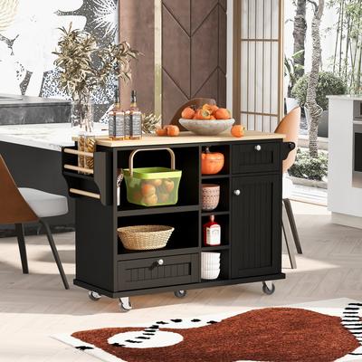 Kitchen Island Cart with Storage Cabinet and Two Locking Wheels, Solid Wood Desktop, Microwave Cabinet