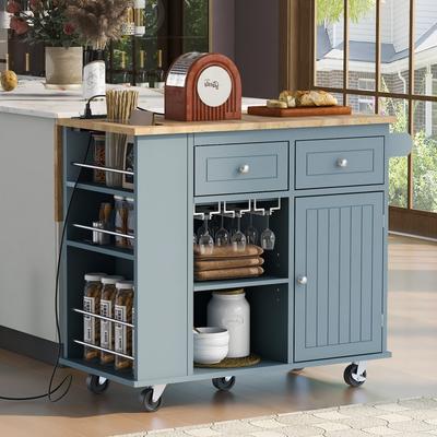 Kitchen Island with Power Outlet, Storage Kitchen Cart with Drop Leaf