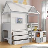 Twin Size Loft Bed with Storage Desk, House Shaped Kids Storage Bed Frame with 3-Drawer Chest for Bedroom, White