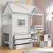 Twin Size Loft Bed with Storage Desk, House Shaped Kids Storage Bed Frame with 3-Drawer Chest for Bedroom, White