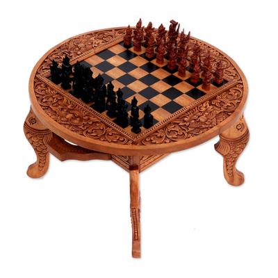 Wood chess set, 'Ramayana Flowers'
