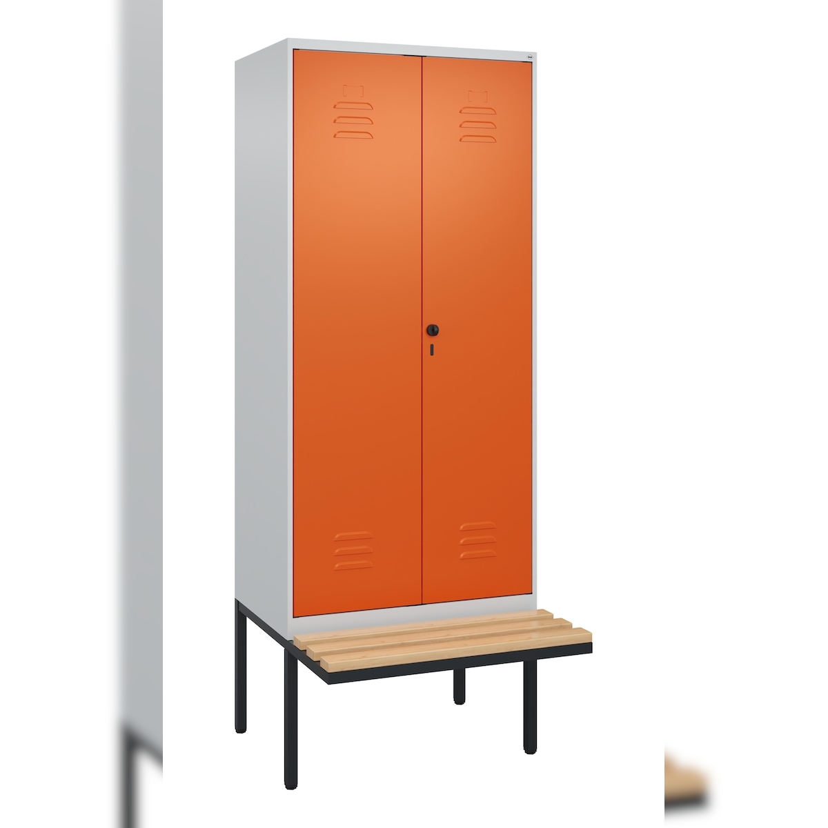 C+P Doppel-Spind Classic PLUS, schwebender Sitzbank aus Buche 2 Abteile, HxBxT 212x80x82cm, Sicherheitsdrehriegel, Hellgrau/Reinorange von PROREGAL Image