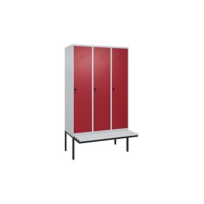 C+P Spind Classic PLUS, Kunststoff schwebende Sitzbank, 3 Abteile, HxBxT 212x120x82cm, Sicherheitsdrehriegel, Hellgrau/Rubinrot von PROREGAL Image