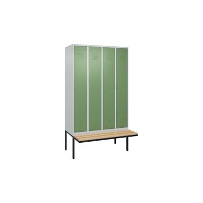 C+P Spind Classic PLUS, schwebender Sitzbank aus Buche 4 Abteile, HxBxT 212x120x82cm, Zylinderschloss, Hellgrau/Resedagrün von PROREGAL Image