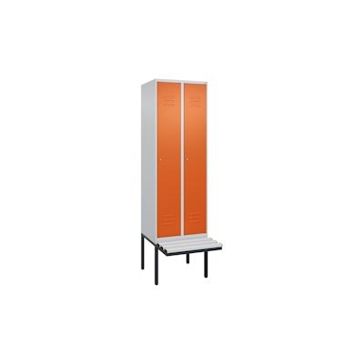 C+P Spind Classic PLUS, Kunststoff schwebende Sitzbank, 2 Abteile, HxBxT 212x60x82cm, Zylinderschloss, Hellgrau/Reinorange von PROREGAL Image