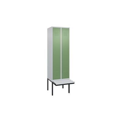 C+P Spind Classic PLUS, Kunststoff schwebende Sitzbank, 2 Abteile, HxBxT 212x60x82cm, Zylinderschloss, Hellgrau/Resedagrün von PROREGAL Image