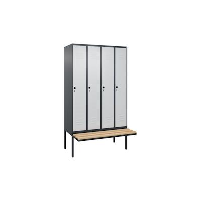 C+P Spind Classic PLUS, schwebender Sitzbank aus Buche 4 Abteile, HxBxT 212x120x82cm, Sicherheitsdrehriegel, Anthrazit/Hellgrau von PROREGAL Image