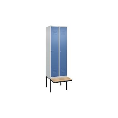 C+P Spind Classic PLUS, schwebender Sitzbank aus Buche 2 Abteile, HxBxT 212x60x82cm, Zylinderschloss, Hellgrau/Fernblau von PROREGAL Image