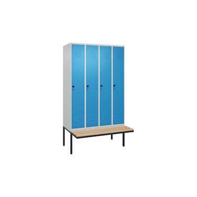 C+P Spind Classic PLUS, schwebender Sitzbank aus Buche 4 Abteile, HxBxT 212x120x82cm, Sicherheitsdrehriegel, Hellgrau/Lichtblau von PROREGAL Image