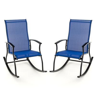 Costway 2 Pieces Outdoor Rocking Chairs with Breathable Backrest-Navy